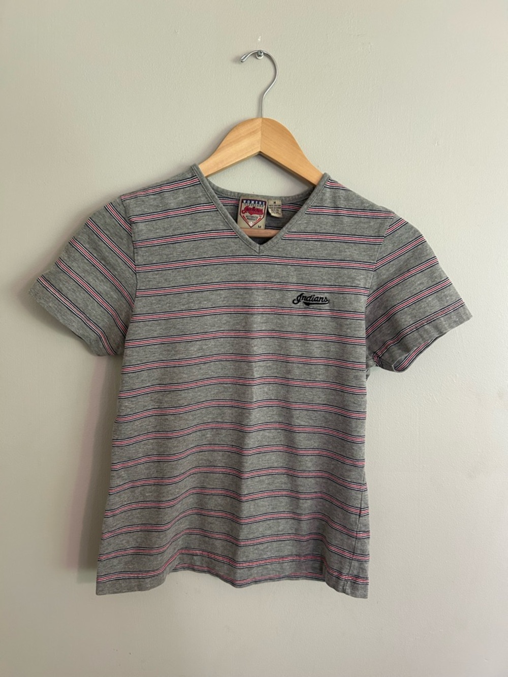 MLB Grey Striped V-Neck Tee with Pink Accent